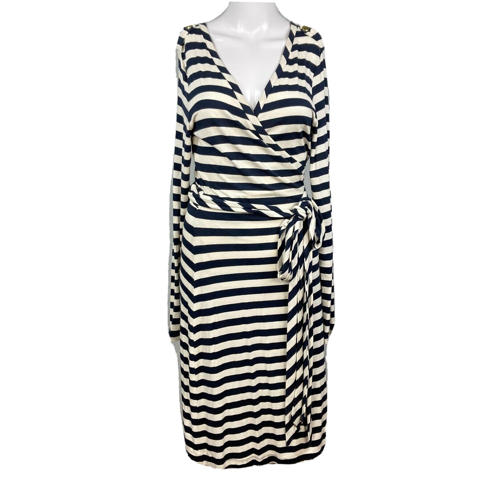 Banana Republic Dress Womens Sz S Navy Blue Ivory Striped Jersey Knit Wrap